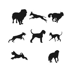 Set of dog silhouettes in different breeds and poses. Vector illustration.