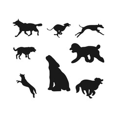 Set of dog silhouettes in different poses. Various breeds included.