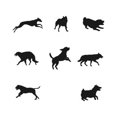 Set of dog silhouettes in various poses. Different breeds running jumping playing.