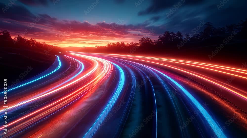 Poster Light trails on highway at dusk, abstract motion. Speed and technology concept