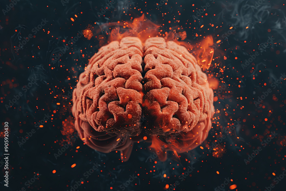 Poster a detailed rendering of a brain with an explosive effect, symbolizing creativity and intellect in a 