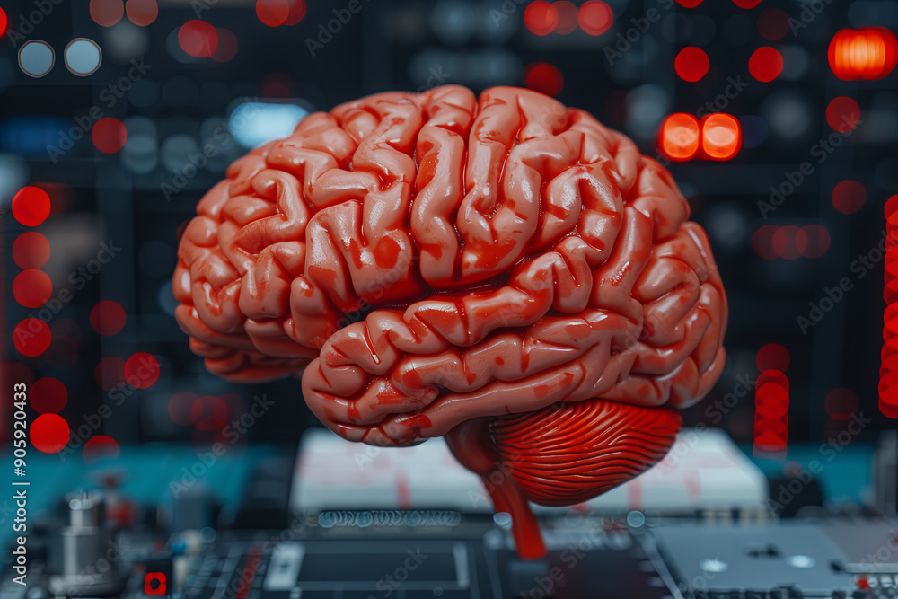 Poster a detailed view of a human brain resting on a circuit board, symbolizing the connection between neur