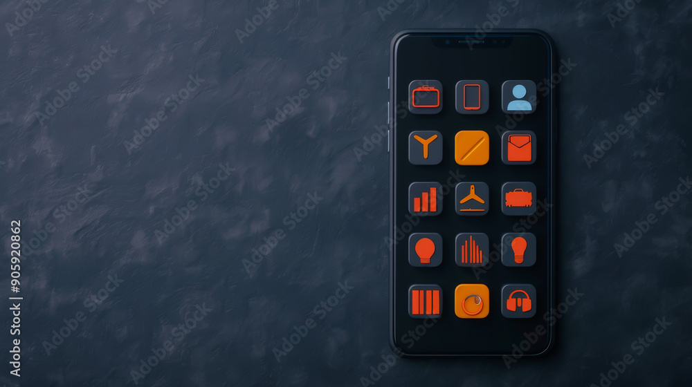 Poster a smartphone displaying various colorful app icons on a dark textured surface, showcasing digital te