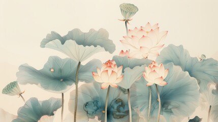 Elegant Lotus Flowers and Leaves Watercolor Illustration