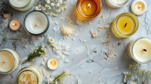 Repurposing old candle remnants to create a new one ingredients displayed on table wicks jar wax oil Overhead view with room for text border