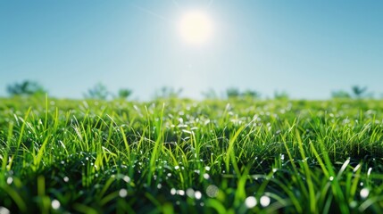 Fototapeta premium A field of green grass with a bright sun shining down on it