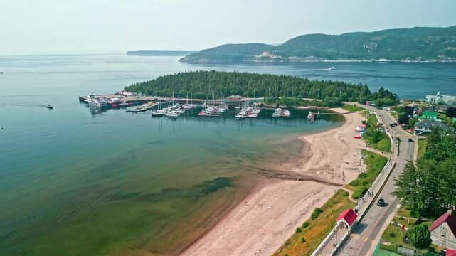 Tadoussac, Canada - July 28 2024: 4K Drone aerial view of Tadoussac Bay