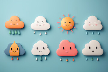 Fototapeta premium Cute and colorful weather icons featuring smiling clouds, raindrops, and a cheerful sun, perfect for kids' designs.