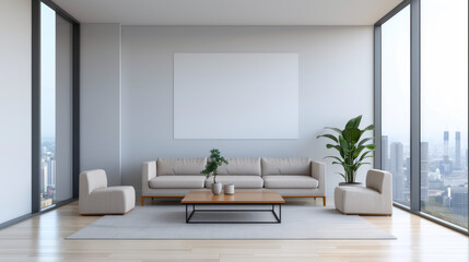 Fototapeta premium Modern living room with panoramic views, featuring a comfortable sofa, stylish chairs, and indoor plants for a fresh ambiance.