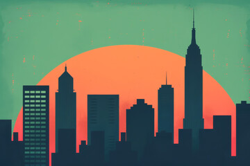 Obraz premium Silhouette of a city skyline against a vibrant sunset, featuring iconic skyscrapers and a warm color palette.
