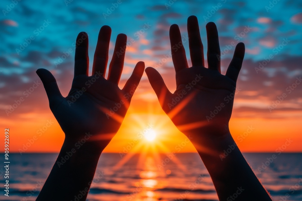 Poster hands forming a heart shape with the setting sun in the background symbolizing love connection and t