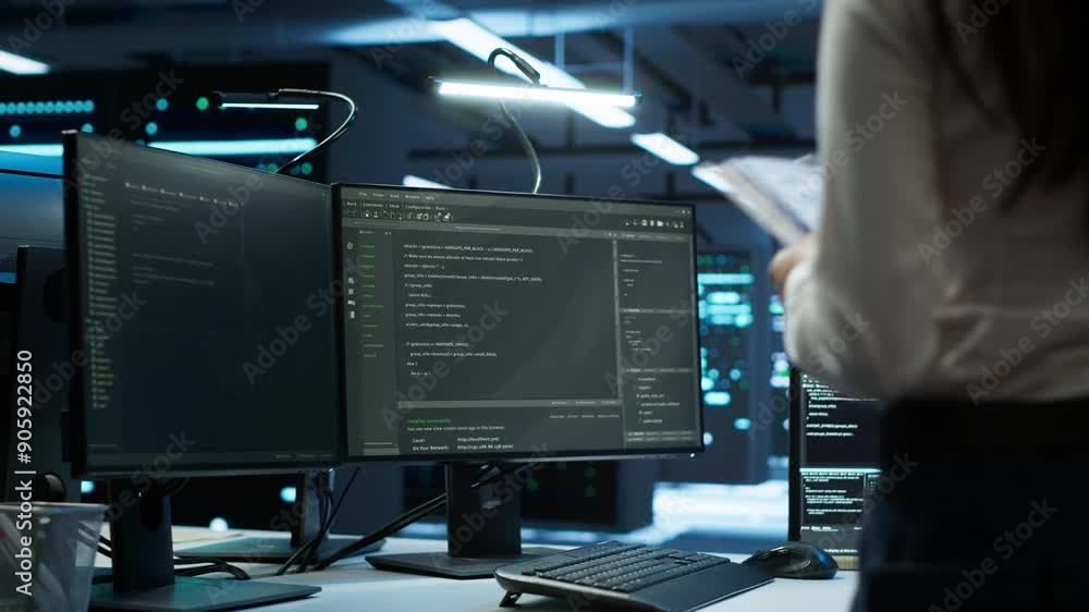 Poster programmer in data center arriving in office, being tasked with ensuring system can handle networkin