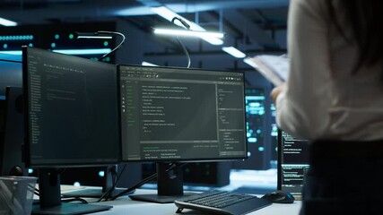 Programmer in data center arriving in office, being tasked with ensuring system can handle networking tasks. IT specialist in server farm starting job shift, tracking network traffic with PC, camera A