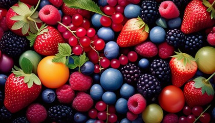Fototapeta premium A vibrant berry mix: juicy strawberries, plump blueberries, tangy raspberries, and sweet blackberries.