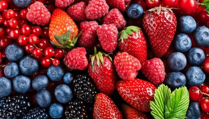 Fototapeta premium A vibrant berry mix: juicy strawberries, plump blueberries, tangy raspberries, and sweet blackberries.