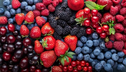 Fototapeta premium A vibrant berry mix: juicy strawberries, plump blueberries, tangy raspberries, and sweet blackberries.