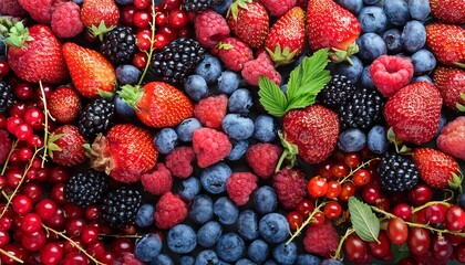 Fototapeta premium A vibrant berry mix: juicy strawberries, plump blueberries, tangy raspberries, and sweet blackberries.