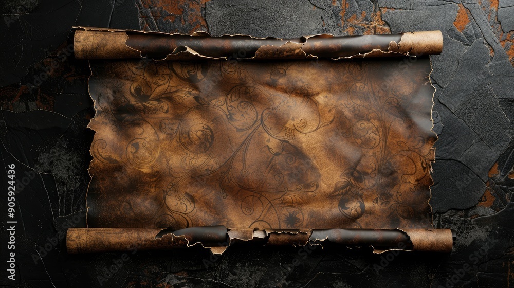 Poster vintage scroll mockup with burnt edges for sign or header overhead view empty area