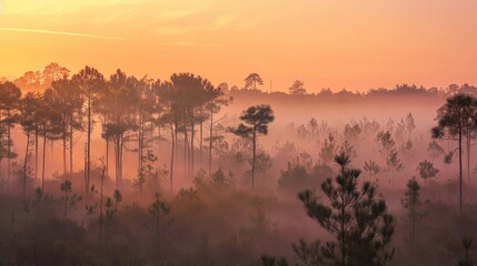 Mist rising in a serene forest at dawn