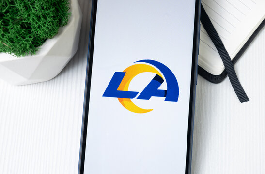 New York, USA - 1 August 2024: Los Angeles Rams Logo on Phone Screen, Football Team Symbol