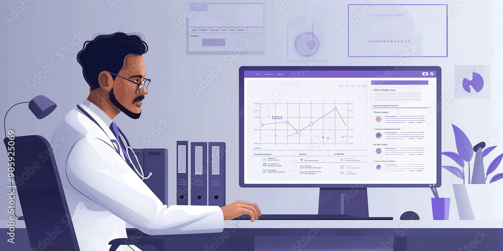 Aufkleber doctor analyzing medical data on computer in modern office