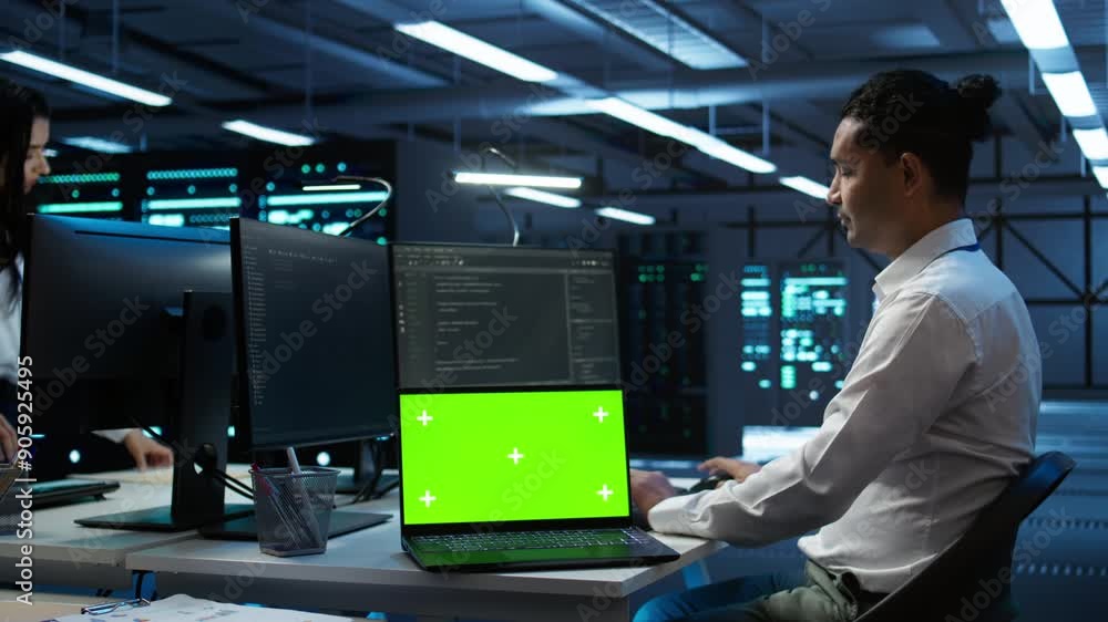 Poster data center engineer responsible for installation of networking equipment solving tasks on isolated 
