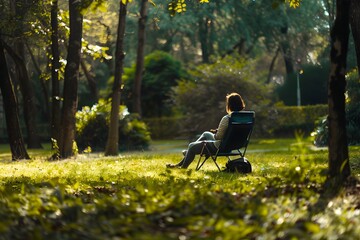 A serene woman enjoying nature in a park, sitting peacefully on a lawn chair.