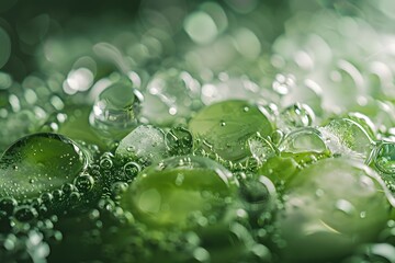 Close-up of vibrant green bubbles in a soft-focus background.