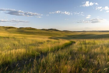 A serene golden landscape at sunset, showcasing rolling hills and vibrant grasses.