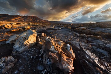 Breathtaking volcanic landscape under dramatic skies at sunset.
