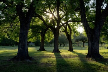 Fototapeta premium Sunlight filters through lush green trees in a serene forest setting.