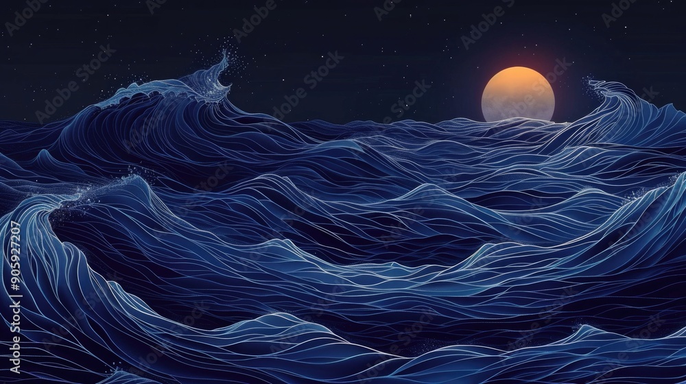 Poster harmonious waves with subtle rhythm lines dance across the serene ocean landscape creating a captiva