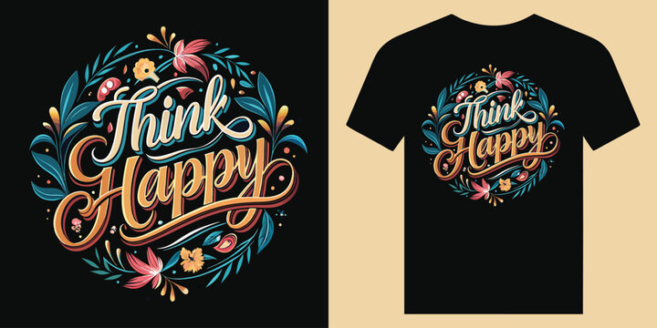 Think Happy typography Inspirational and motivation quote with Brush stroke and splash paint retro vintage vector illustration, slogan for t shirt design, also suitable for pillow, mug, sticker, Print