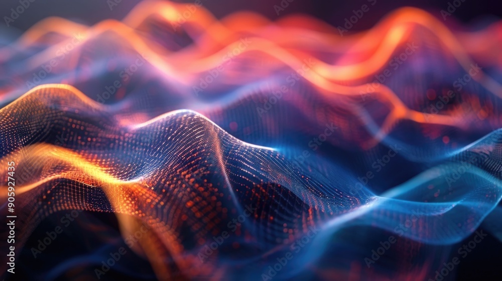 Poster captivating abstract visuals of undulating swirling soundwaves in a vibrant color spectrum creating 