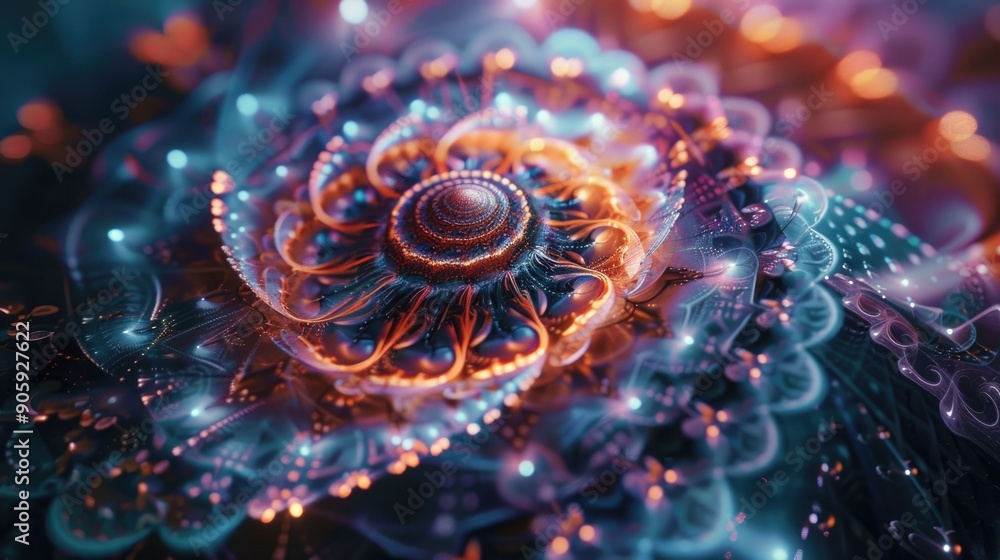 Poster mesmerizing fractal visuals with a tranquil pulsing rhythm create a captivating meditative digital a