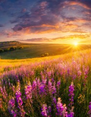 beautiful panorama rural landscape with sunrise and blossoming meadow. purple flowers flowering on spring field. wild flowers blooming on sunset. summer panoramic view