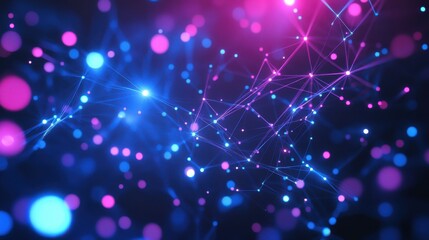 Glowing dots connecting across a global network, digital platforms concept, blue and purple neon tones, modern hightech style, HD quality