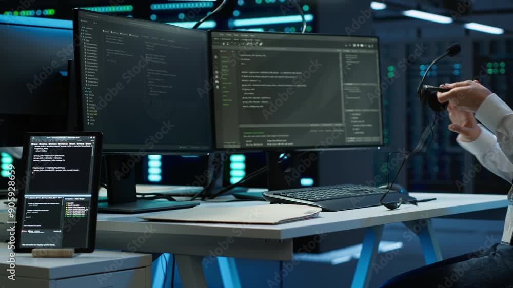 Poster technician in data center provides technical support to users, troubleshooting issues, close up. ser