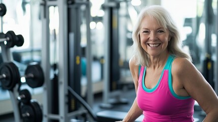 Fototapeta premium Portrait of smiling Middle aged woman working out gym fitness healthy lifestyle gym fitness for seniors, healthy aging, active lifestyle 
