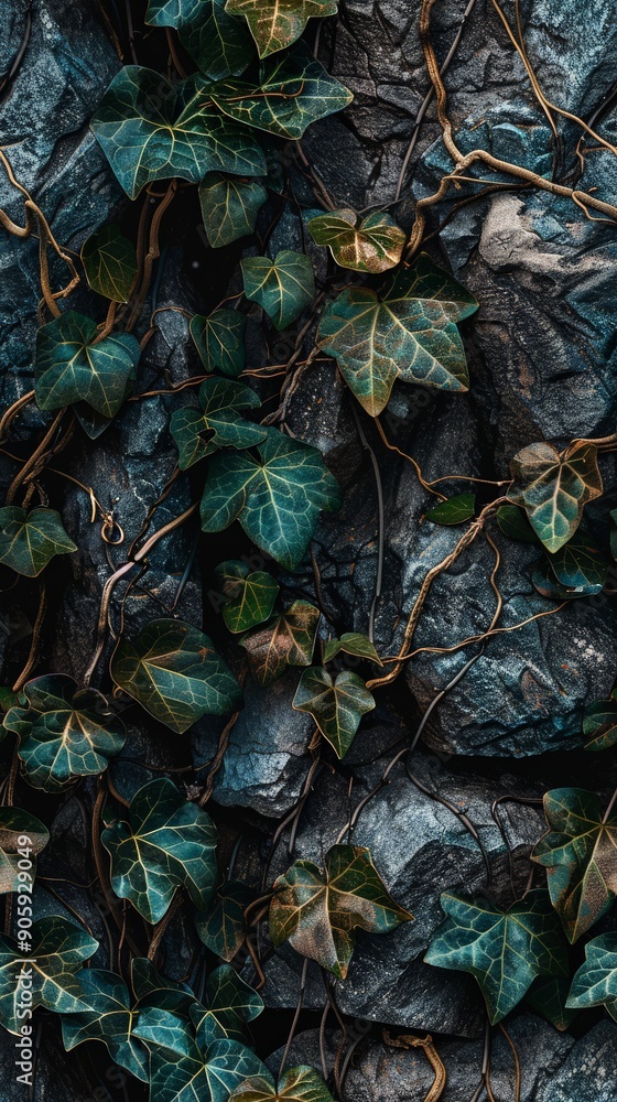 Poster lush ivy intertwines with rugged stone, creating a striking organic pattern