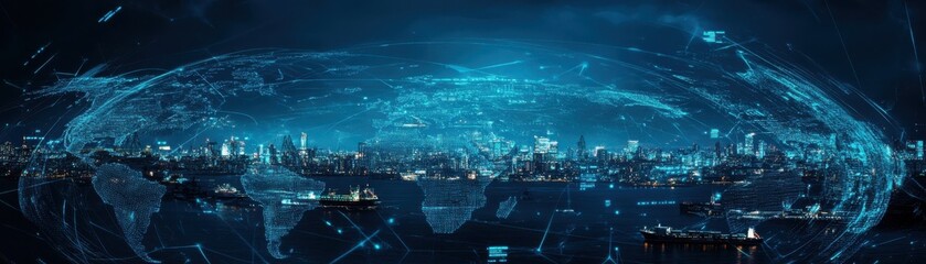 Global map overlay with cargo ships and trade routes, digital representation of international logistics, blue tones, futuristic style, HD quality