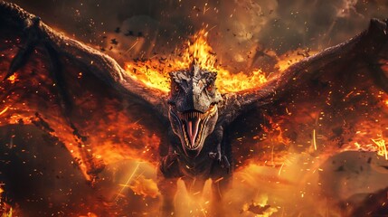 Winged monster and scary face with burning fire abstract