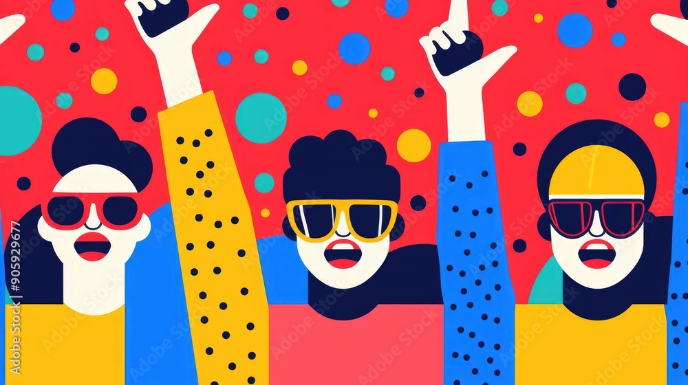Aufkleber Vibrant and Celebratory Depicting a Workers  Rally with Diverse Graphic Elements Such as Geometric Patterns Colorful Characters and Playful Signage Representing the Themes of Labor Protest Community