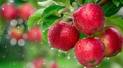 Obraz premium Red Apples with Raindrops on a Branch