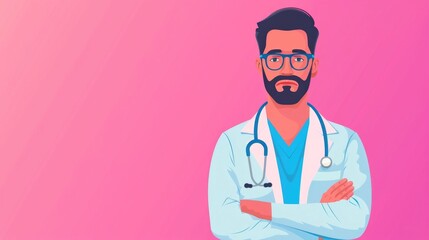 Fototapeta premium Cheerful Male Healthcare Professional in Pastel graphic of a doctor clinician or physician wearing a white coat and stethoscope with a friendly expression and clean modern design