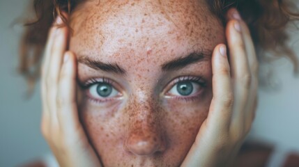 Naklejka premium A woman with freckles gazes thoughtfully while resting her hands on her face in a serene outdoor setting