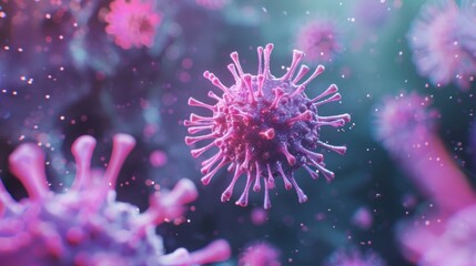 A detailed look at purple viruses observed under a microscope, showcasing their unique structures and surrounding particles