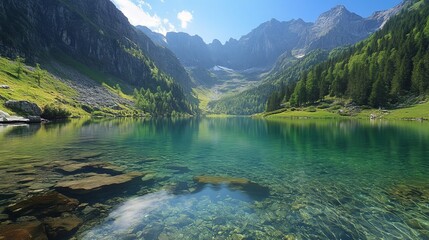 Crystal-clear alpine lake surrounded by mountains, reflecting the pristine environment and the essential role of oxygen in sustaining freshwater ecosystems 