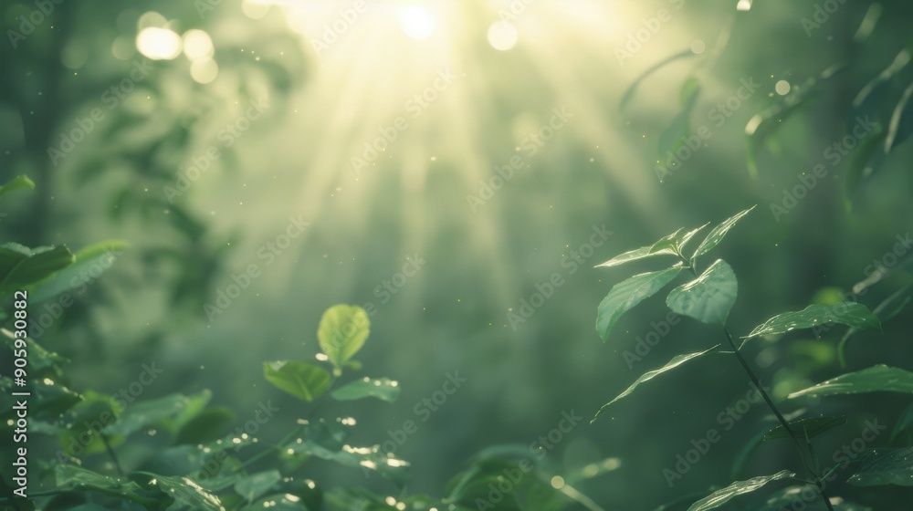 Aufkleber sunlight rays break through tree branches, illuminating lush green foliage in a tranquil forest sett