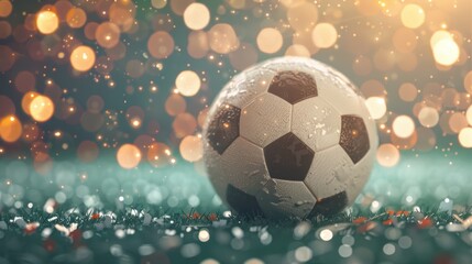 Naklejka premium A soccer ball rests on grass, illuminated by enchanting bokeh lights in the evening
